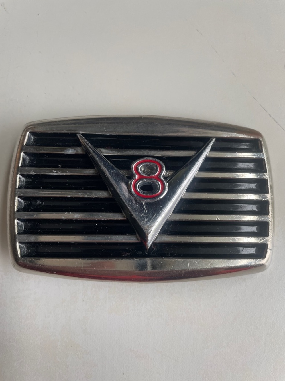 Vintage V8 Emblem Belt Buckle - Silver & Black with Red Accent
